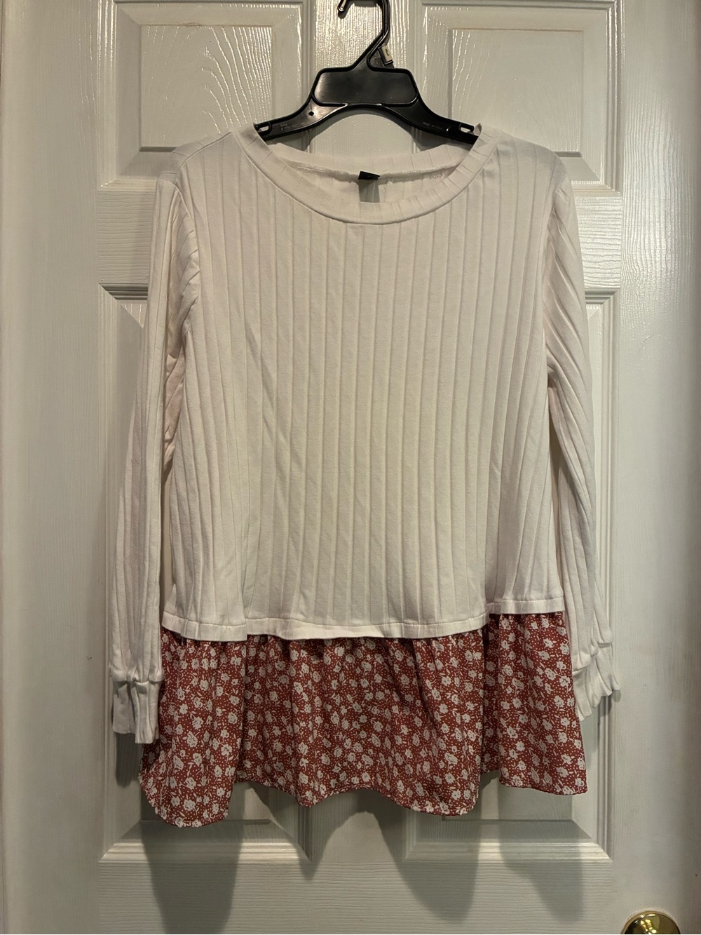 SHEIN White Ribbed Long-Sleeve Sweater with Pink Floral Peplum
